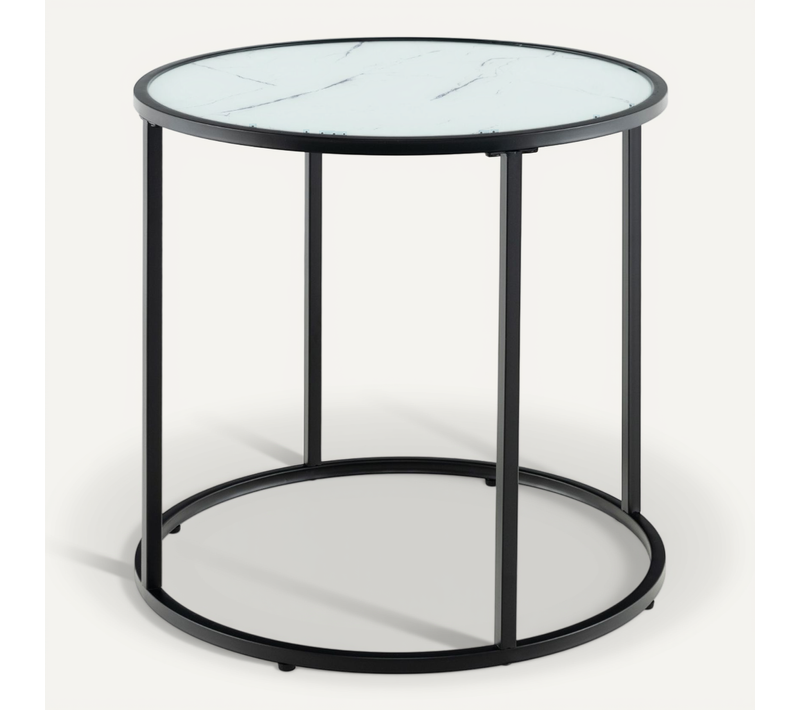 Table D'appoint Ronde En Verre Cadre En Métal Imitation Marbre Moderne Noir Et Blanc