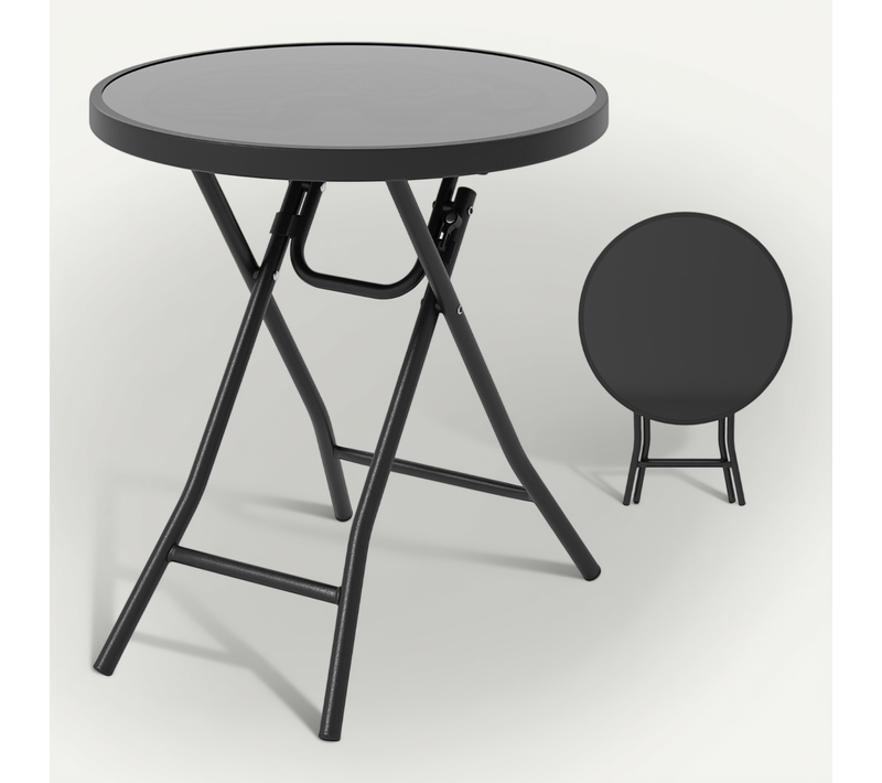 Table De Jardin Table Basse Extérieur Ronde Pliante Avec Plateau En Verre Trempé Charge 50 Kg Noir