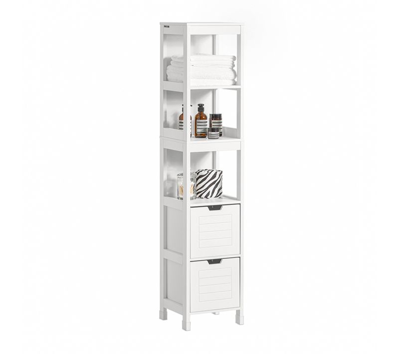 Meuble Colonne De Salle De Bain Armoire Toilette Haute 4 Étagères Et 2 Tiroirs, Blanc, Frg126-w