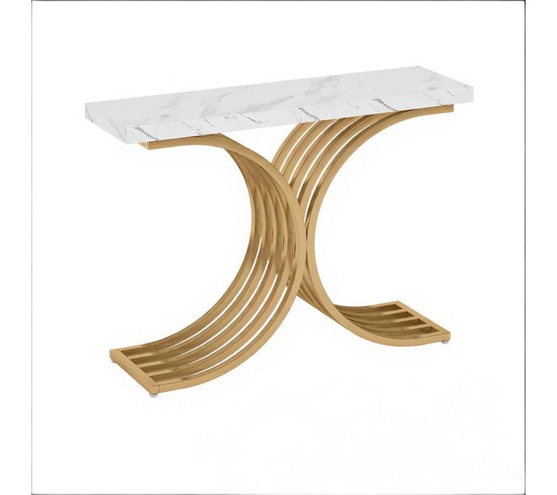 Table Console 100x30x80 Cm Avec Effet De Marbre, Cadre En Métal Doré, Plateau Épais De 5 Cm, Blanc
