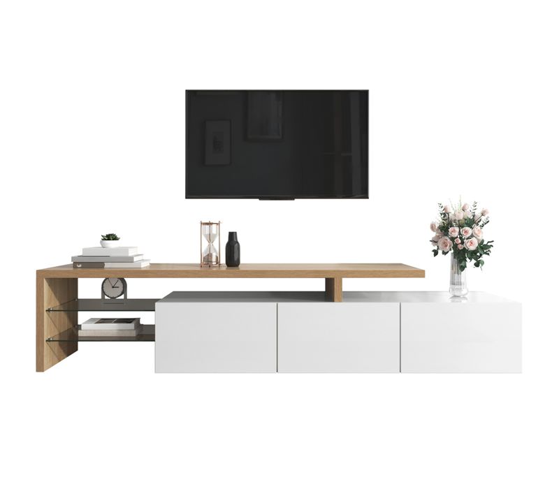 Meuble TV, Support Télévision, Armoire De Télévision En Mdf Naturel Et Blanc Avec LED 197.5x39x42cm
