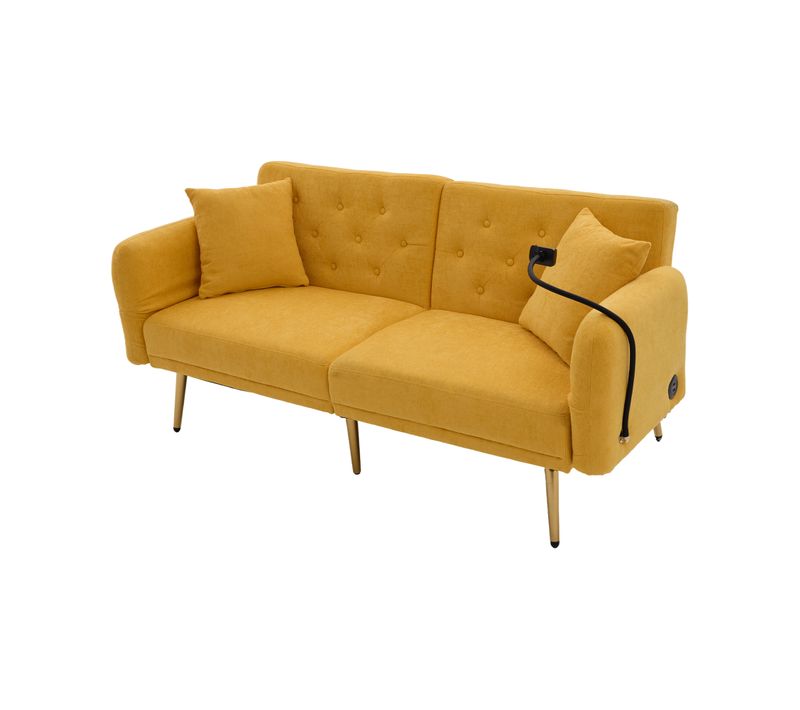 Canapé Convertible 2 Places Jaune Chenille, Ports USB et Support Téléphone Intégré, Dossier Réglable