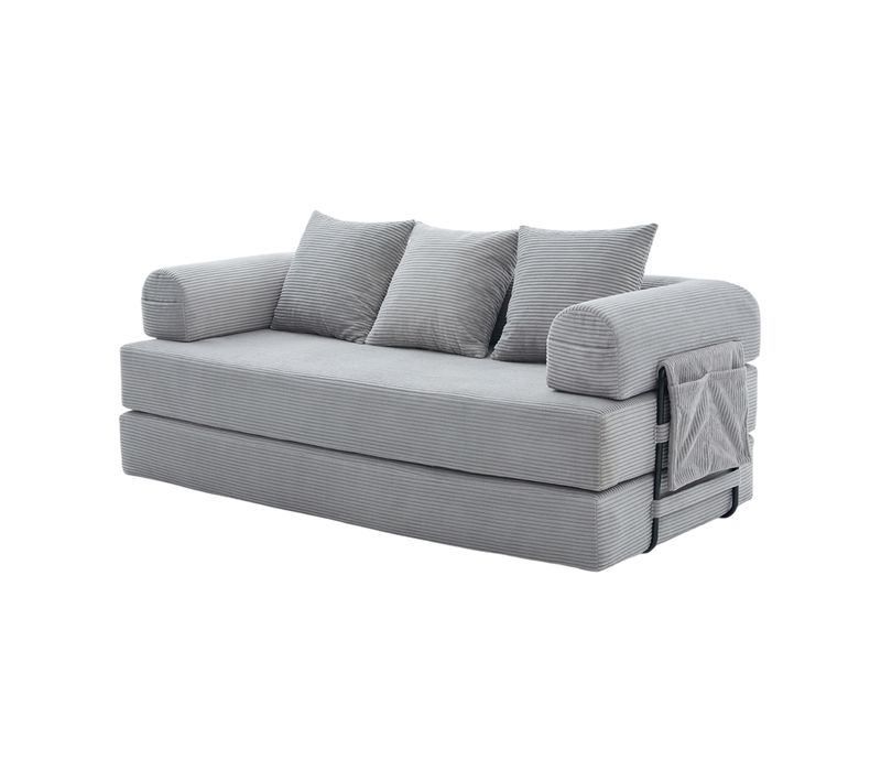 Canapé Compressé Modulable Velours Côtelé Gris - Cadre Métal Extérieur, 3 Coussins - Kaleido 2.0