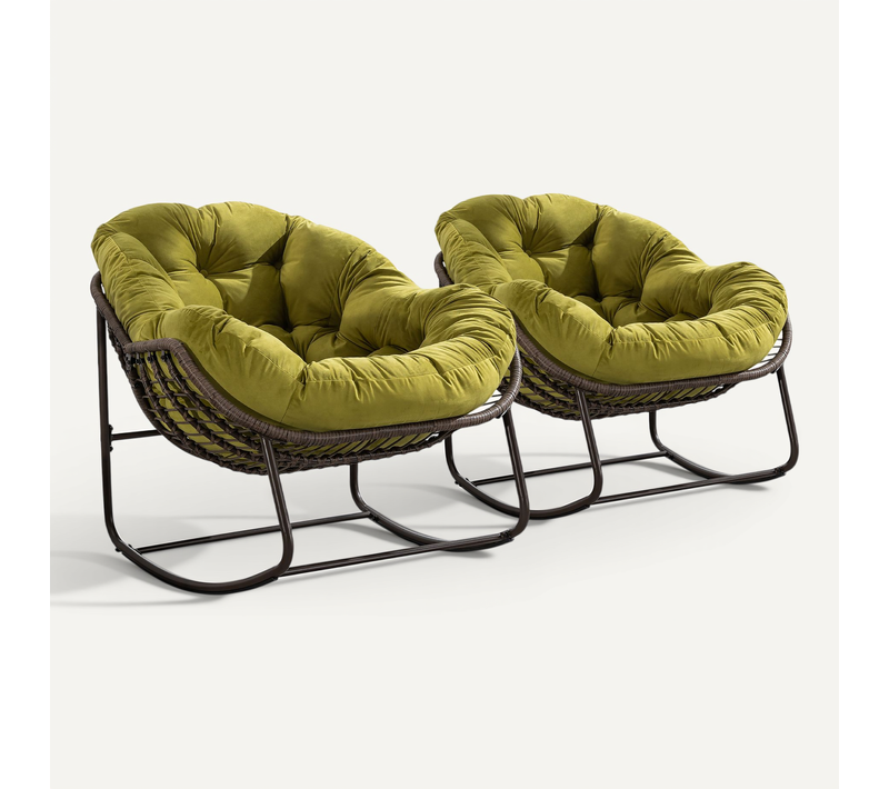 Lot De 2 Fauteuils à Bascule En Rotin Naturel, Forme Oeuf Et Coussins Vert Amande – Cocon