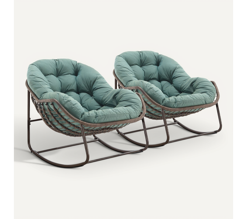 Lot De 2 Fauteuils à Bascule En Rotin Naturel, Forme Oeuf Et Coussins Vert Clair – Cocon