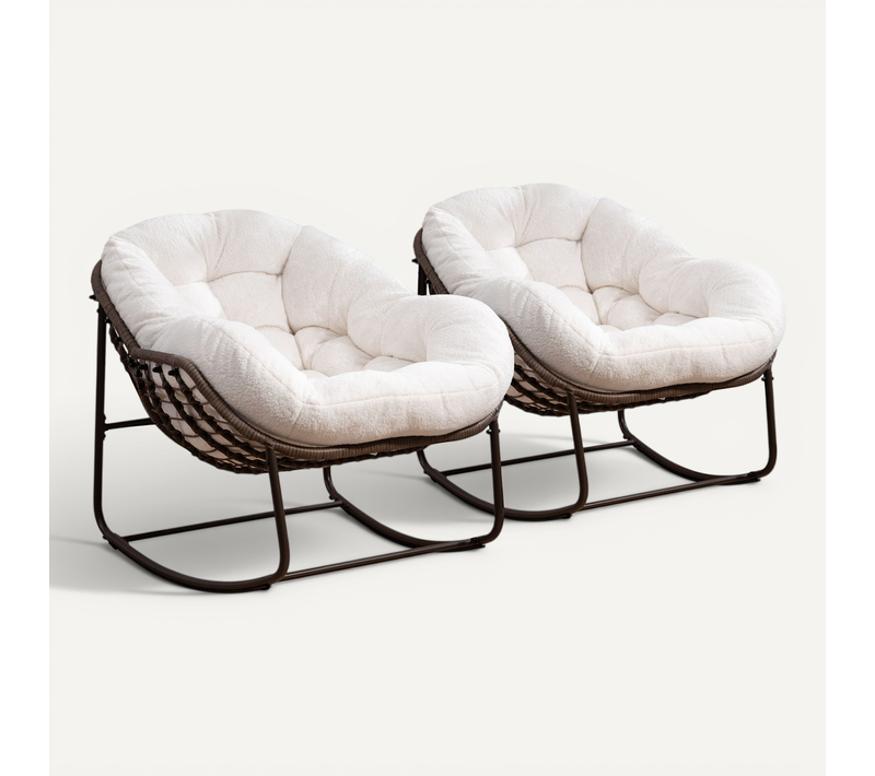 Lot De 2 Fauteuils à Bascule En Rotin Naturel, Forme Oeuf Et Coussins Blanc – Cocon
