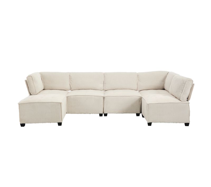 Canapé D'angle Modulable 6 Places En Velours Côtelé - Beige