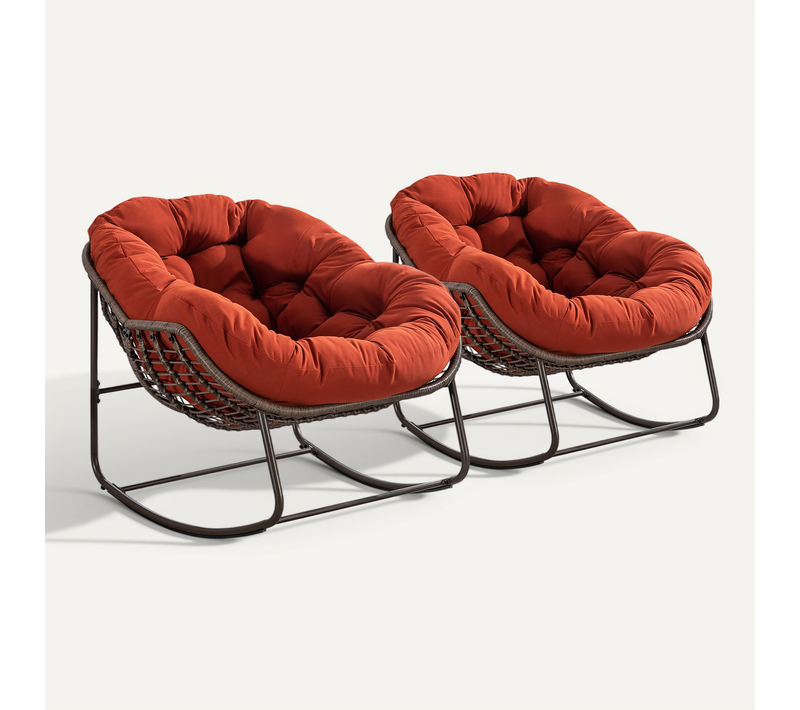 Lot De 2 Fauteuils à Bascule En Rotin Naturel, Forme Oeuf Et Coussins Orange – Cocon