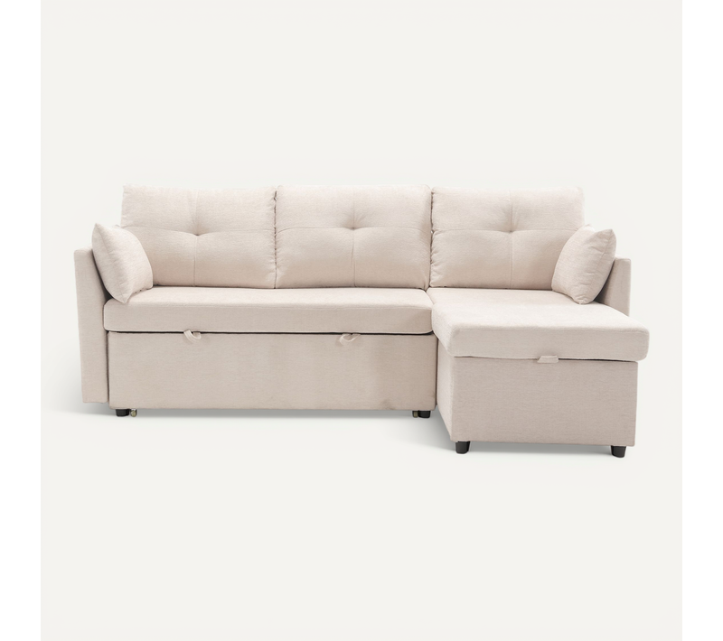 Canapé D'angle 3p Convertible Velours Beige Rayé Rangement 2 Oreillers 206x130x66-88cm