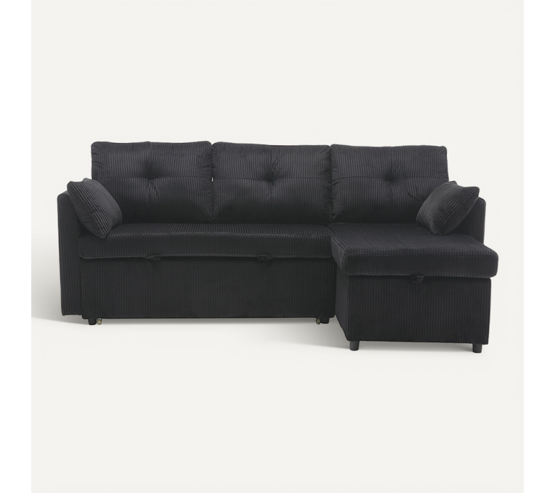 Allurex 1.0 Canapé D'angle 3p Convertible Velours noire Rayé Rangement 2 Oreillers 206x130x66-88cm