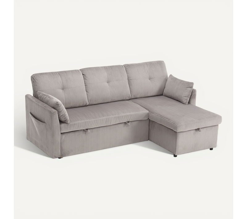 Canapé D'angle 3p Convertible Velours Gris Clair Rayé Rangement 206x130x66-88cm