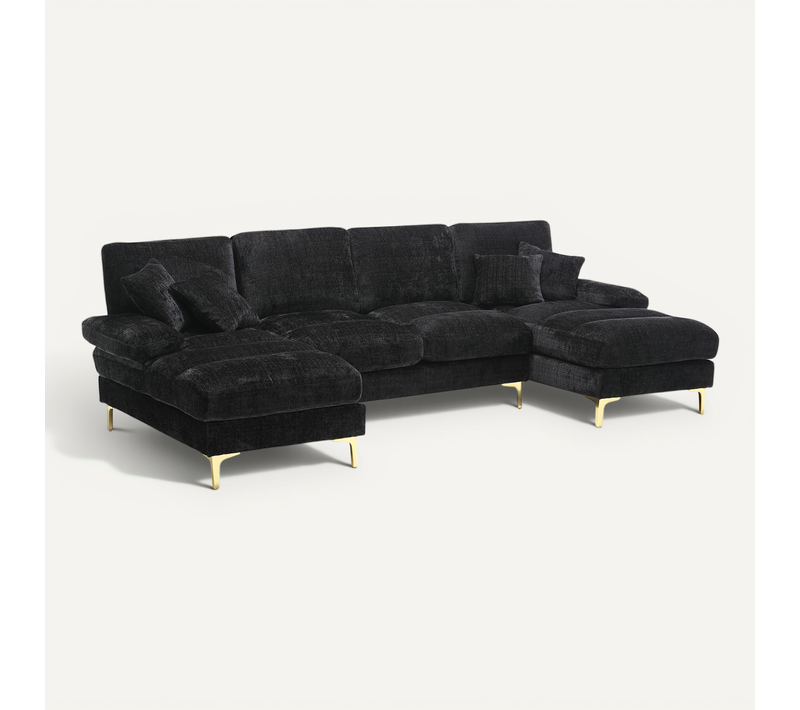 Canapé Panoramique 4 Places En Chenille Noir Double Couche 272x136x88 Cm - Pieds Dorés