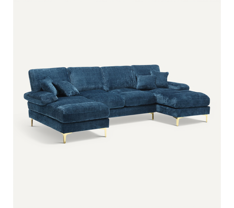 Canapé Panoramique 4 Places En Chenille Bleu Double Couche 272x136x88 Cm - Pieds Dorés