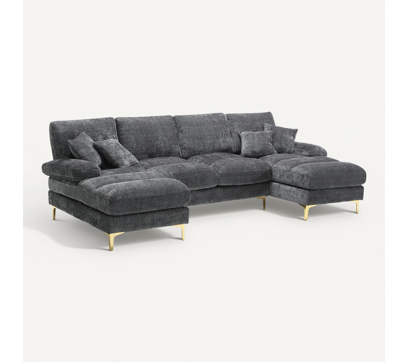 Canapé Panoramique 4 Places En Chenille Gris Double Couche 272x136x88 Cm - Pieds Dorés