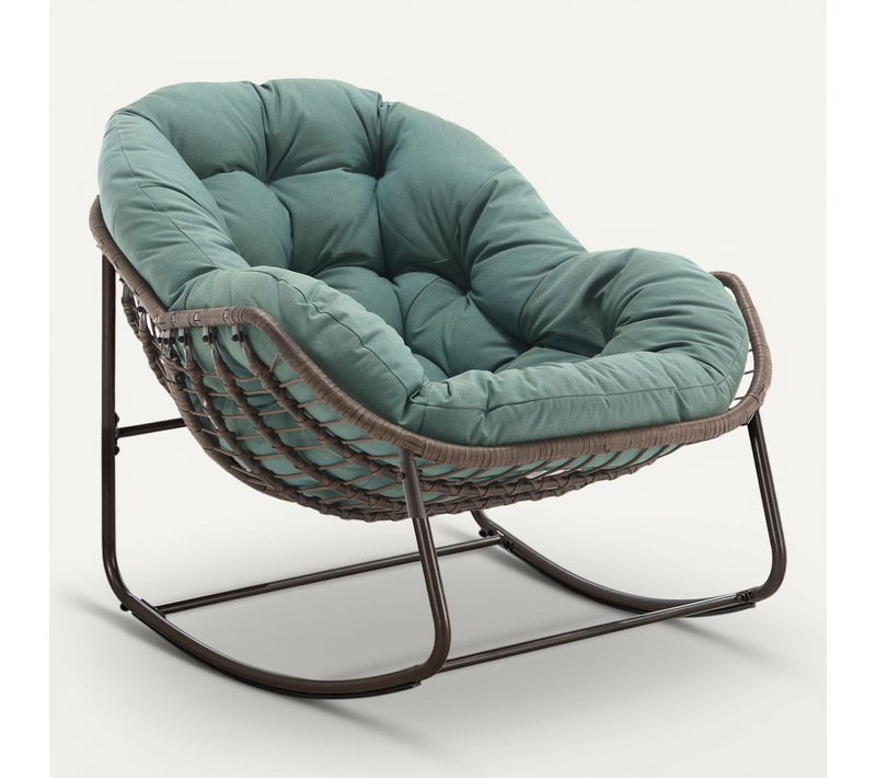 Cocon -  Fauteuil à Bascule En Rotin Naturel - Forme Oeuf Et Coussin Vert
