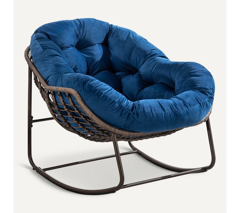 Cocon - Fauteuil à Bascule En Rotin Naturel - Forme Oeuf Et Coussin Bleu