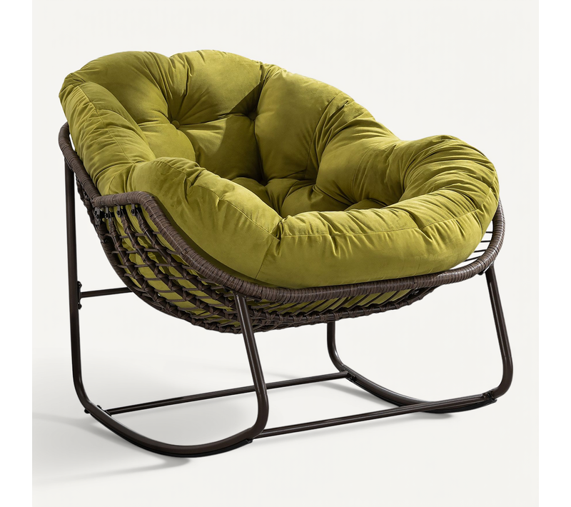 Fauteuil à Bascule En Rotin Naturel, Forme Oeuf Avec Coussin Vert Olive – Cocon
