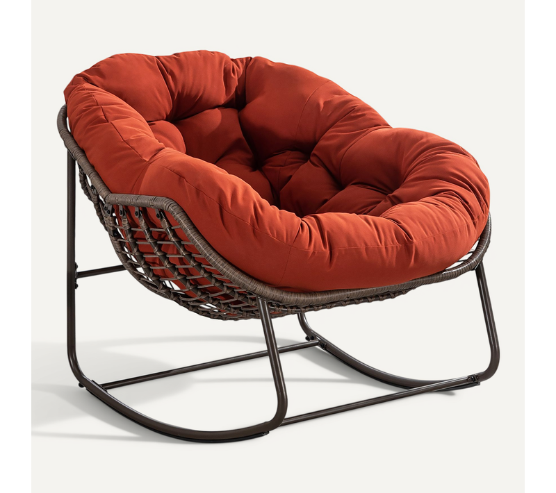 Fauteuil à Bascule En Rotin Naturel, Forme Oeuf Et Coussin Orange – Cocon
