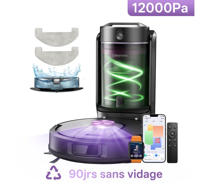 Cleanova W15-aspirateur Robot Laveur 12000pa-200min Autonomie-bac 4l-navigation Lds-apple Watch,etc