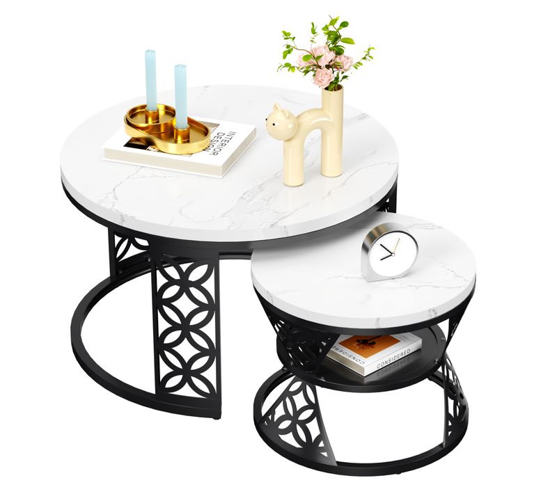 Lot De 2 Tables De Salon, Motif Marbre, Cadre En Métal, Couleur Blanc Et Noir