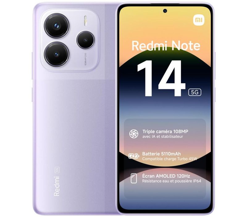 Redmi Note 14 5g 16,9 Cm (6.67") Double Sim Hybride USB Type-c 8 Go 256 Go 5110 Mah Lavande