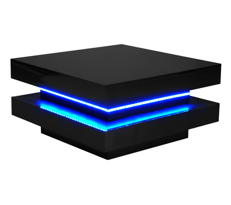 Table Basse Carrée Noire Brillante, Plateau Rotatif 360° Avec LED 70x70cm