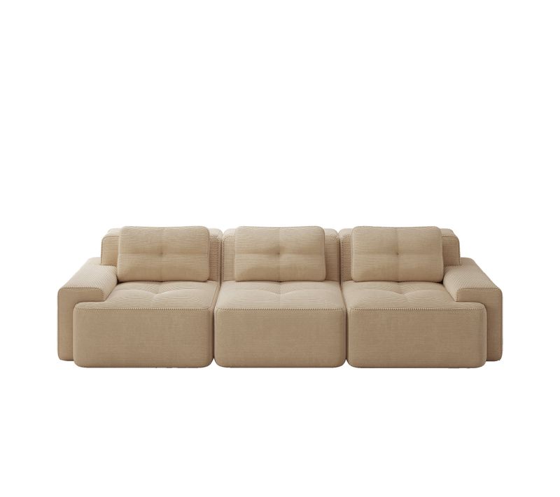 Canapé D'angle Modulable 3 Places En Velours Côtelé Beige, Sans Montage