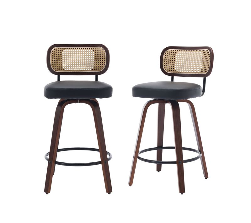 Lot De 2 Tabourets De Bar Style Vintage Pu Noir, Dossier En Rotin, Pivotant Et Repose Pied