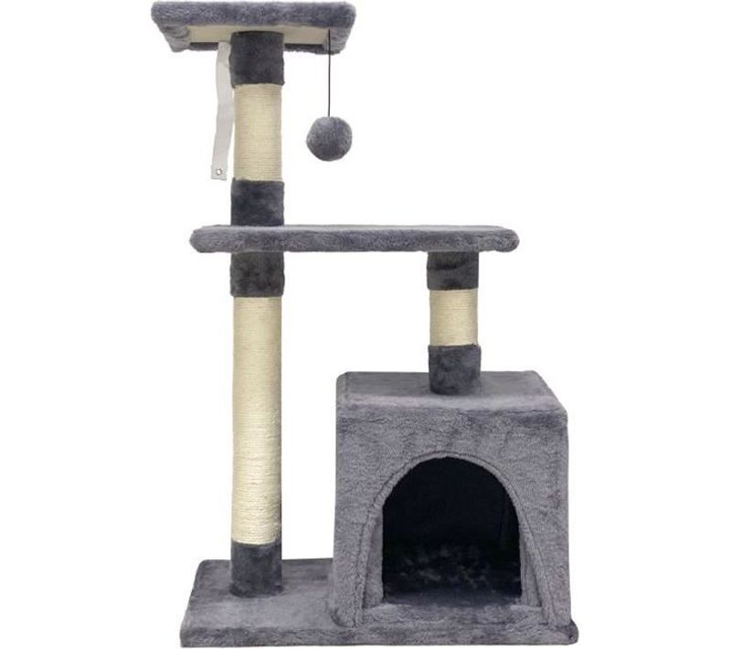 Poppy Arbre à Chat Gris 50 X 30 X 80 Cm - 2 Plateformes, 1 Niche, Poteaux à Griffer