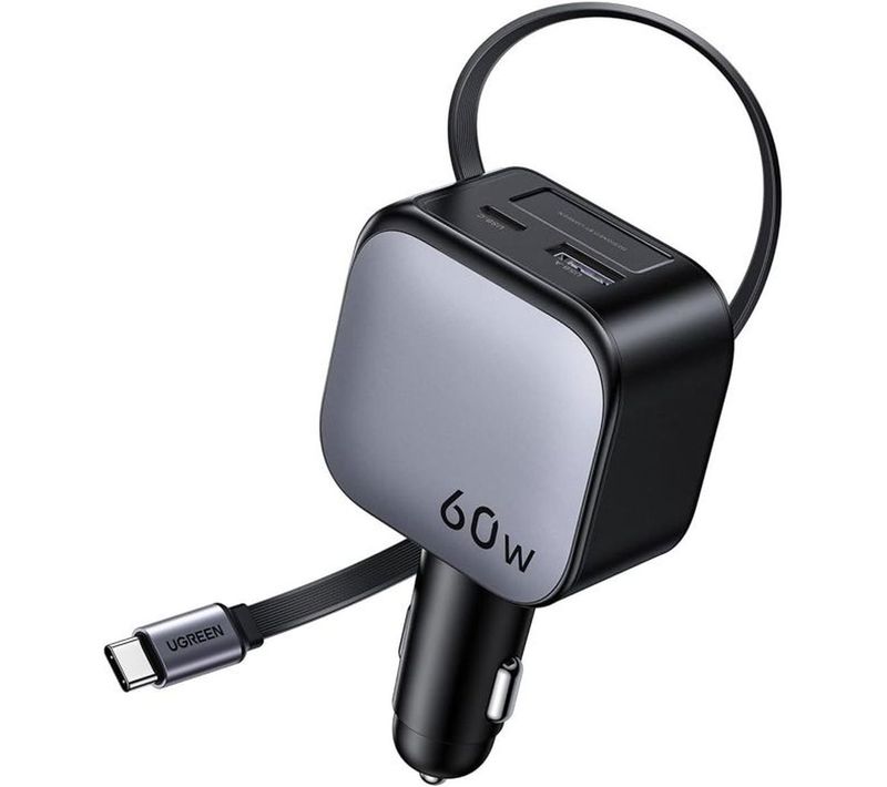 Chargeur Voiture 60w Avec Câble USB-c Rétractable 70 Cm, 1x USB-a + 1x USB-c