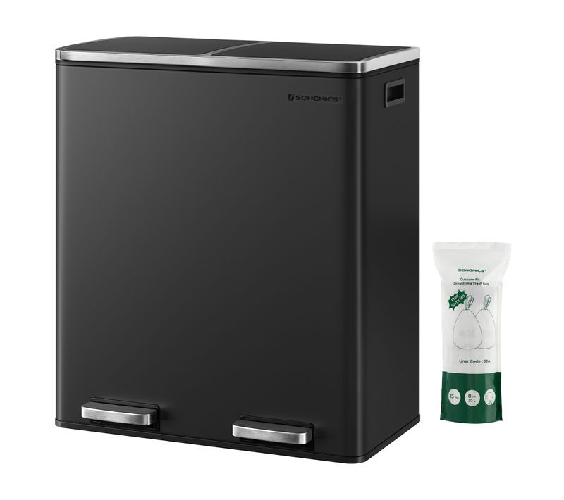 Poubelle Cuisine Tri Sélectif 2 X 30l, 2 Seaux En Plasatique, Avec 15 Sacs Poubelles, Noir