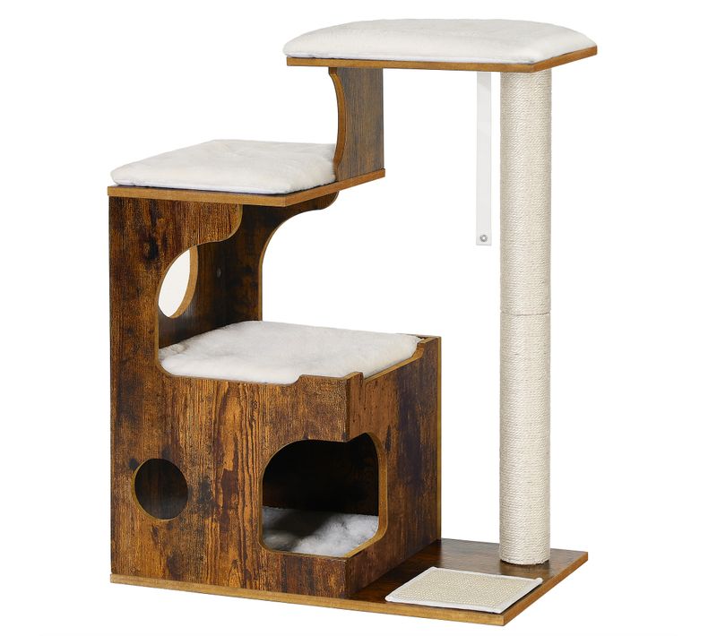 Arbre à Chat, Hauteur 86 Cm, 3 Plate-formes Et 1 Niche, Marron Rustique Et Blanc