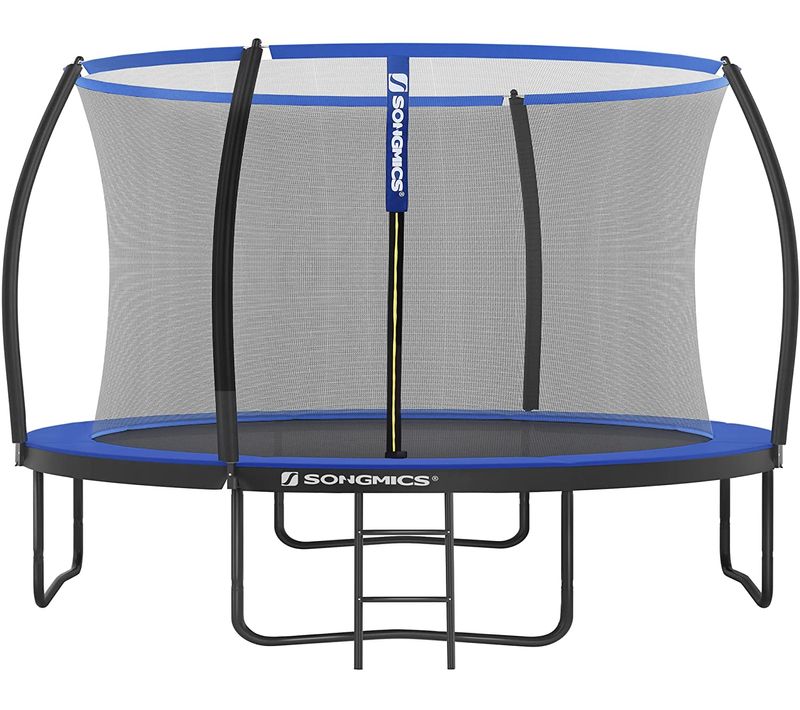 Trampoline Pour Enfants Diamètre 305 Cm, Filet De Protection, Poteau Incurvé 180 Cm, Noir Et Bleu