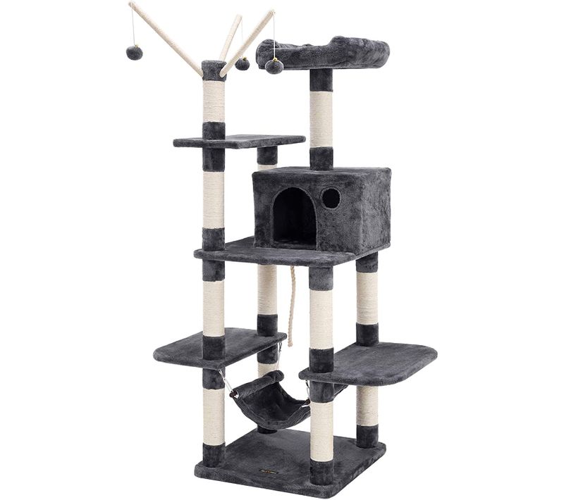 Arbre à Chat, Multi-niveaux, Grande Capacité, Griffoir, Niches, Hauteur 154 Cm, Gris Foncé