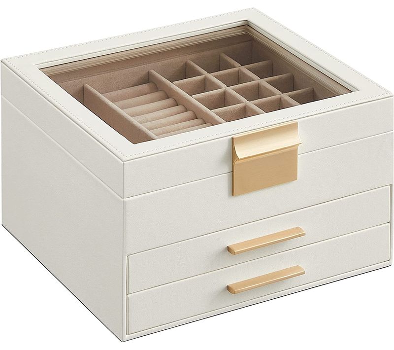 Boîte à Bijoux, Écrin à Accessoires 3 Niveaux, Couvercle En Verre, 2 Tiroirs, Blanc Nuage
