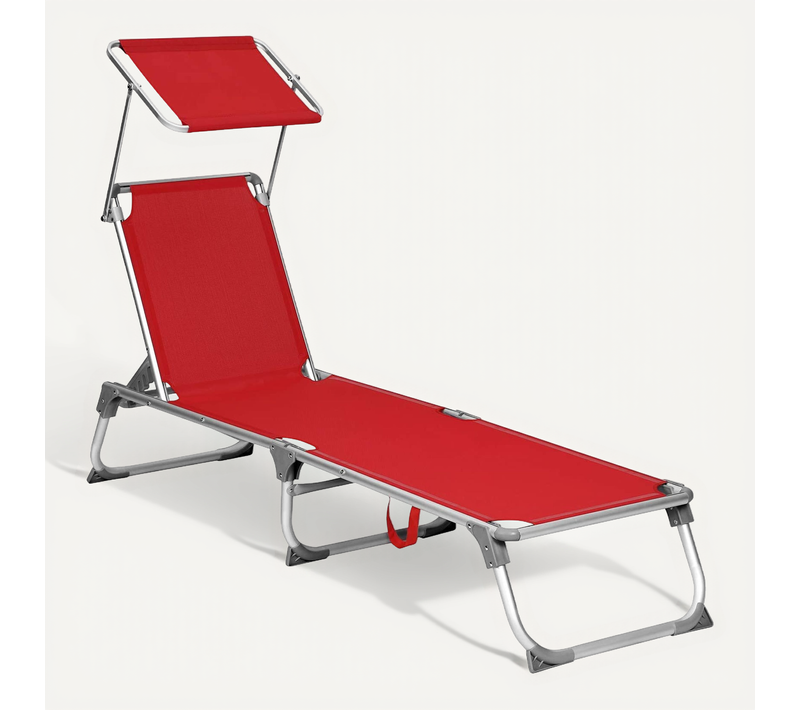 Chaise Longue, Avec Dossiers Et Parasol Inclinables, Pliable, Léger, Charge 150 Kg, Rouge