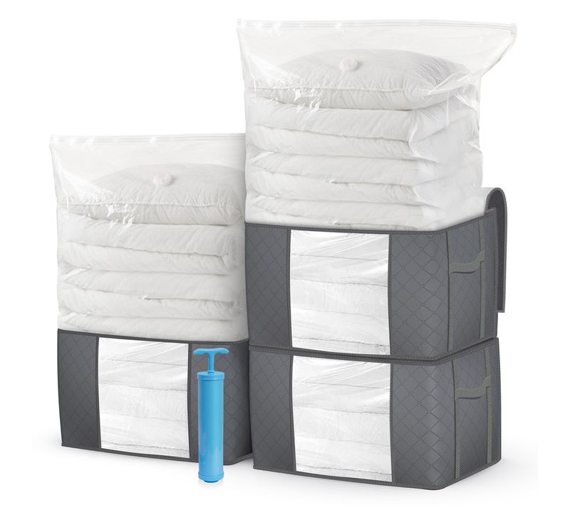 Lot 3 housses de rangement Non Tisse Xxl Gris + 3 sacs sous vide + 1 pompe