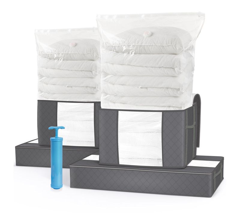 Lot 4 housses de rangement  Non Tisse Xxl Gris, 4 sacs sous vide et 1 pompe