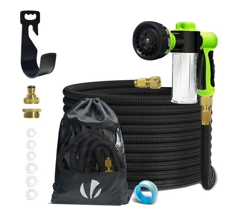 Tuyau D’arrosage Extensible 15m Avec Récipient Savon Et Accessoires Noir