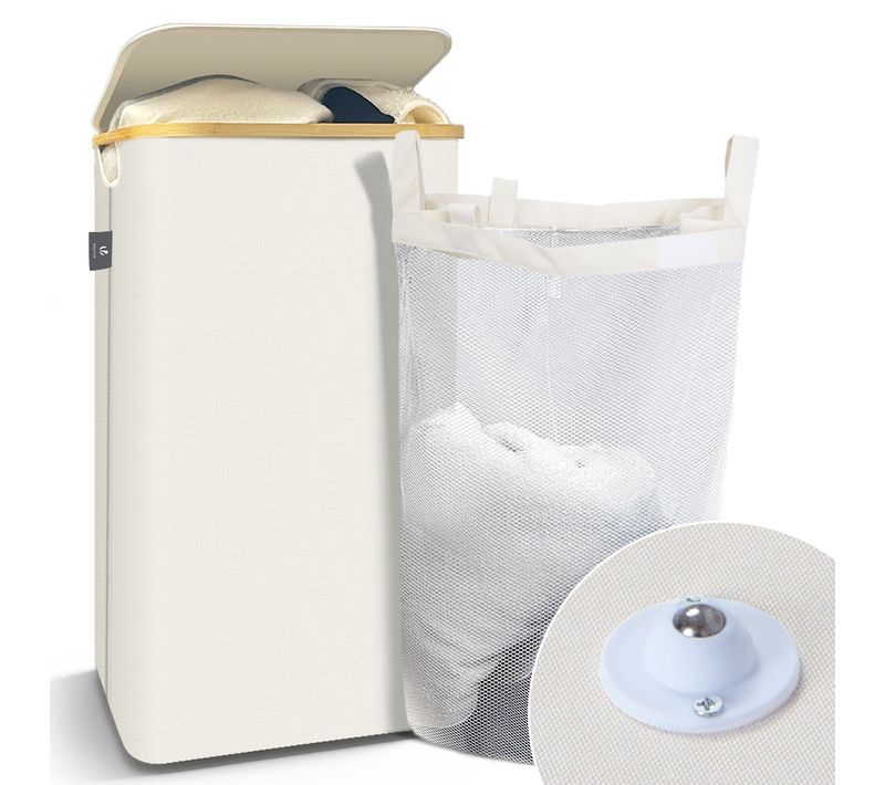 Panier à Linge Pliable 100l Avec Sac Intérieur Cadre Bambou Et Couvercle Beige
