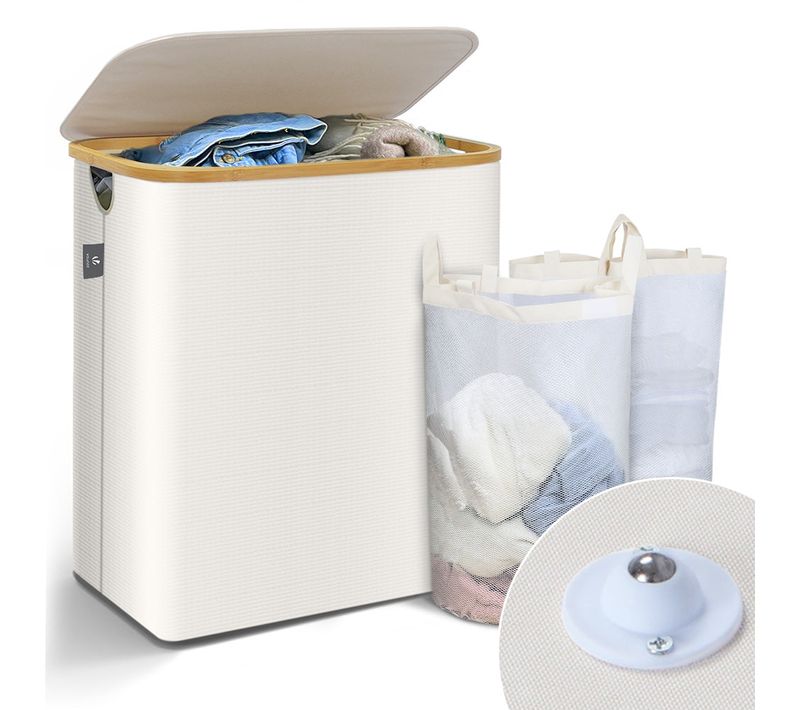 Panier à Linge Pliable 145l Avec Sac Intérieur Cadre Bambou Et Couvercle Beige