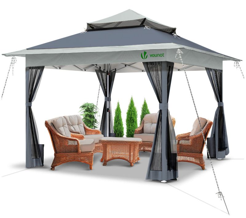 Tonnelle De Jardin Exterieure Pliable Avec Moustiquaire Pop Up 3.6x3.6m Gris