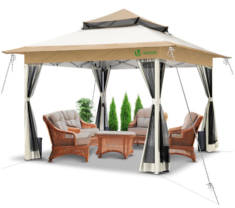 Tonnelle De Jardin Exterieure Pliable Avec Moustiquaire Pop Up 3.6x3.6m Beige