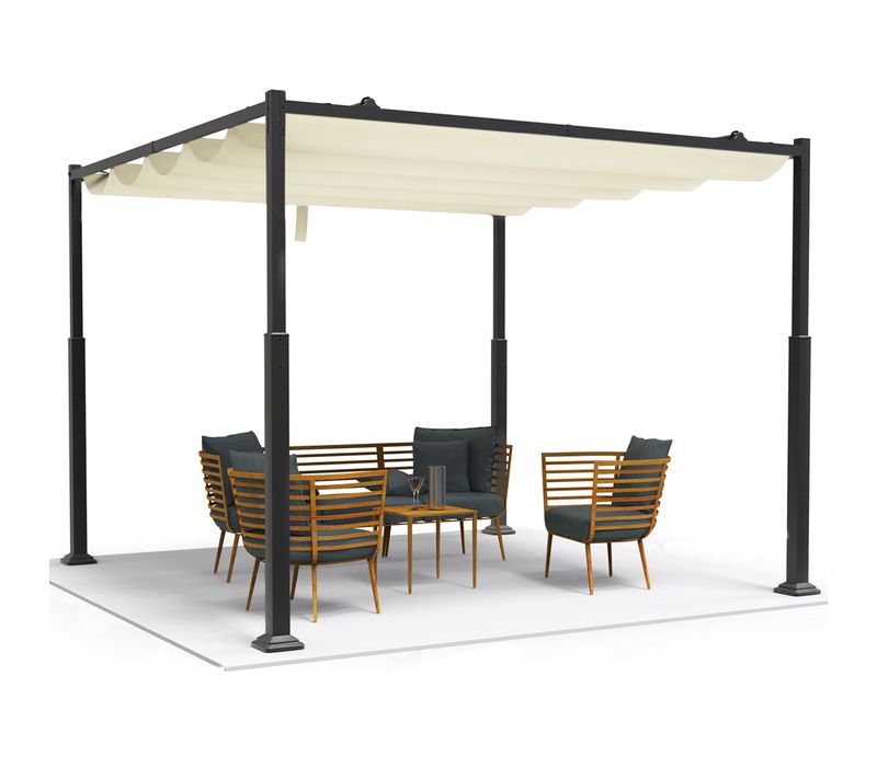 Pergola Rétractable 3x3m En Métal Et Toile Polyester Haute Densité 180g/m2 Beige