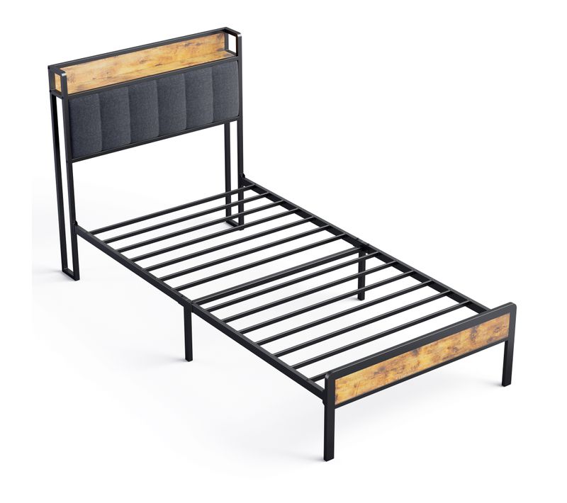 Lit Simple 90 X 200 En Métal Avec Tête De Lit Capitonnée En Tissu Pour Rangement Gris Foncé