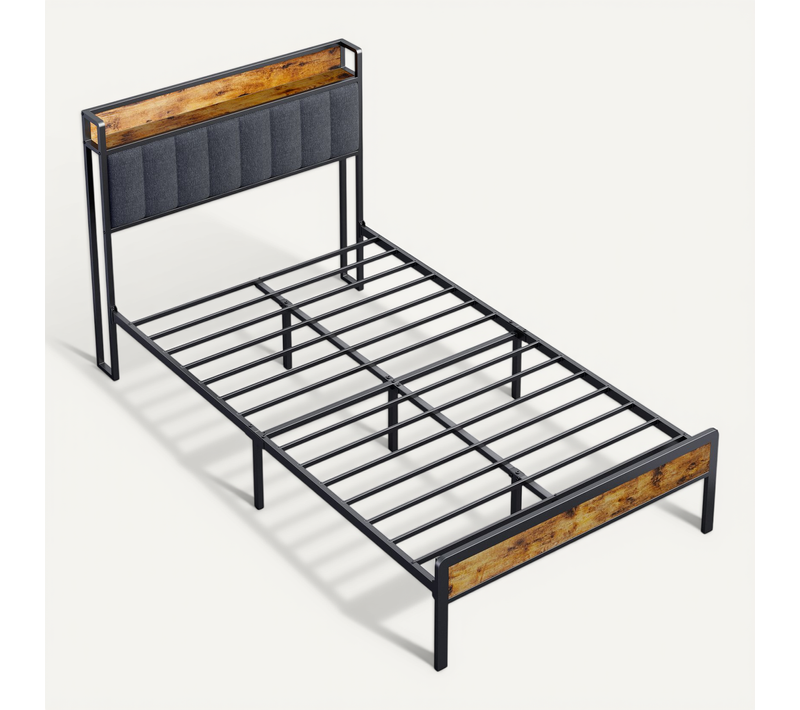 Lit Simple 120 X 200 En Métal Avec Tête De Capitonnée En Tissu Pour Rangement Noir Et Gris Foncé