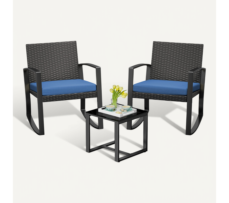 Salon De Jardin 2 Places Set De Jardin Acier Fauteuil à Bascule Avec Coussin, Bleu