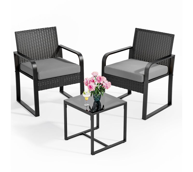 Jardin 2 Places Set De Acier Avec Coussin Table Verre Trempé Ensemble De Meuble Pour Patio Gris