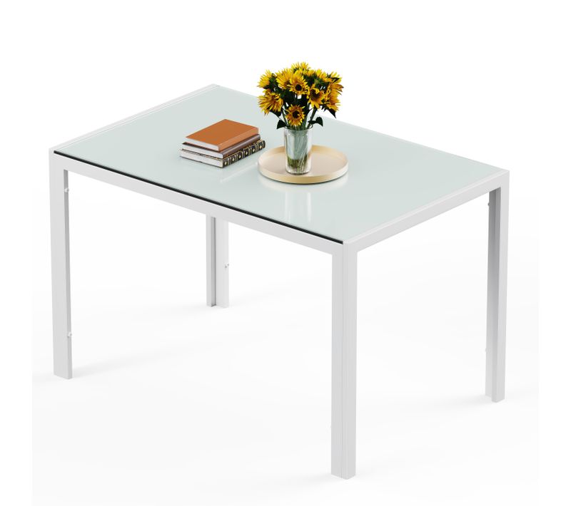 Table à Manger Verre Trempé Rectangle 4 Personnes Cadre Pied En Metal Blanche 120 X 70 X 75 Cm