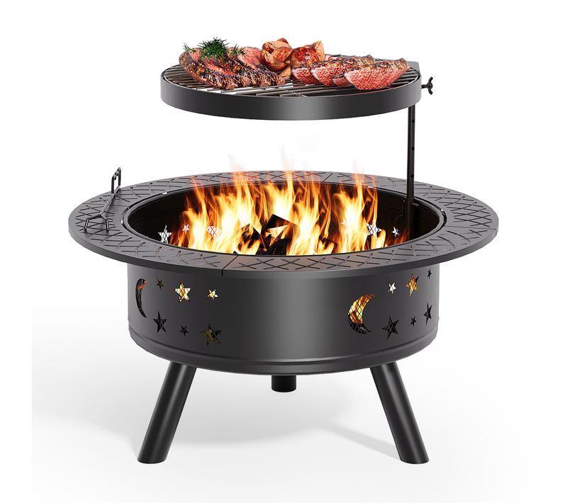 Brasero Extérieur Grille De Barbecue Réglable Rond Acier Poêle à Bois Jardin Camping